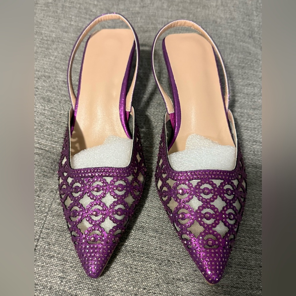 NIB Purple Rhinestone Decorated Kitten Heel Slingback Sandal, Size 39 (US 8-8.5) - Picture 5 of 10